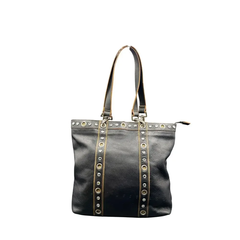 Franco Sarto Black Leather Studded Grommet Tote Shoulder Bag